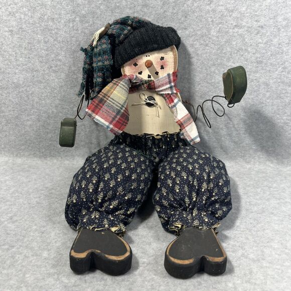Snowman Wooden Shelf Sitter Plaid Scarf Knitted Hat Wood Mittens Holiday Decor - Picture 1 of 10